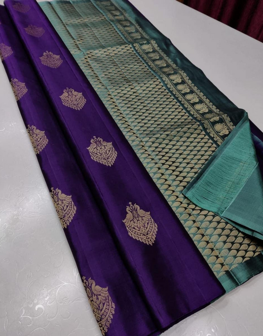 Veena Purple-Sky Coloured Soft Silk Saree