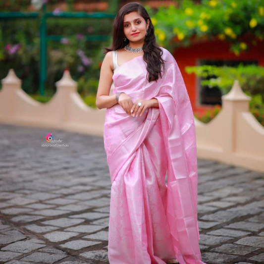 SWENI PINK ARCHAIC TRADITIONAL KANCHI SOFT SILK SARI WITH ATTACHED BLOUSE