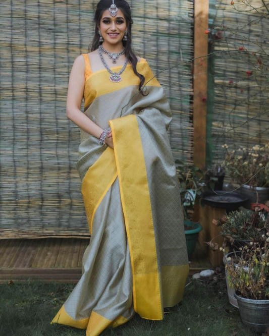 Sophia Yellow Kanchi Soft Silk Saree With Attached Blouse 