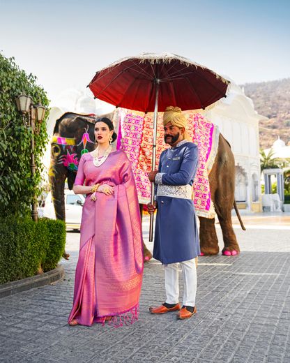 Mary Pink Traditional Pure Soft Silk Sari With Attached Blouse