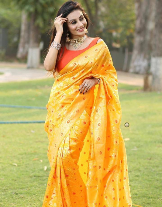 YELLOW BUTTI TRADITIONAL KANCHI SOFT SILK SARI WITH ATTACHED BLOUSE