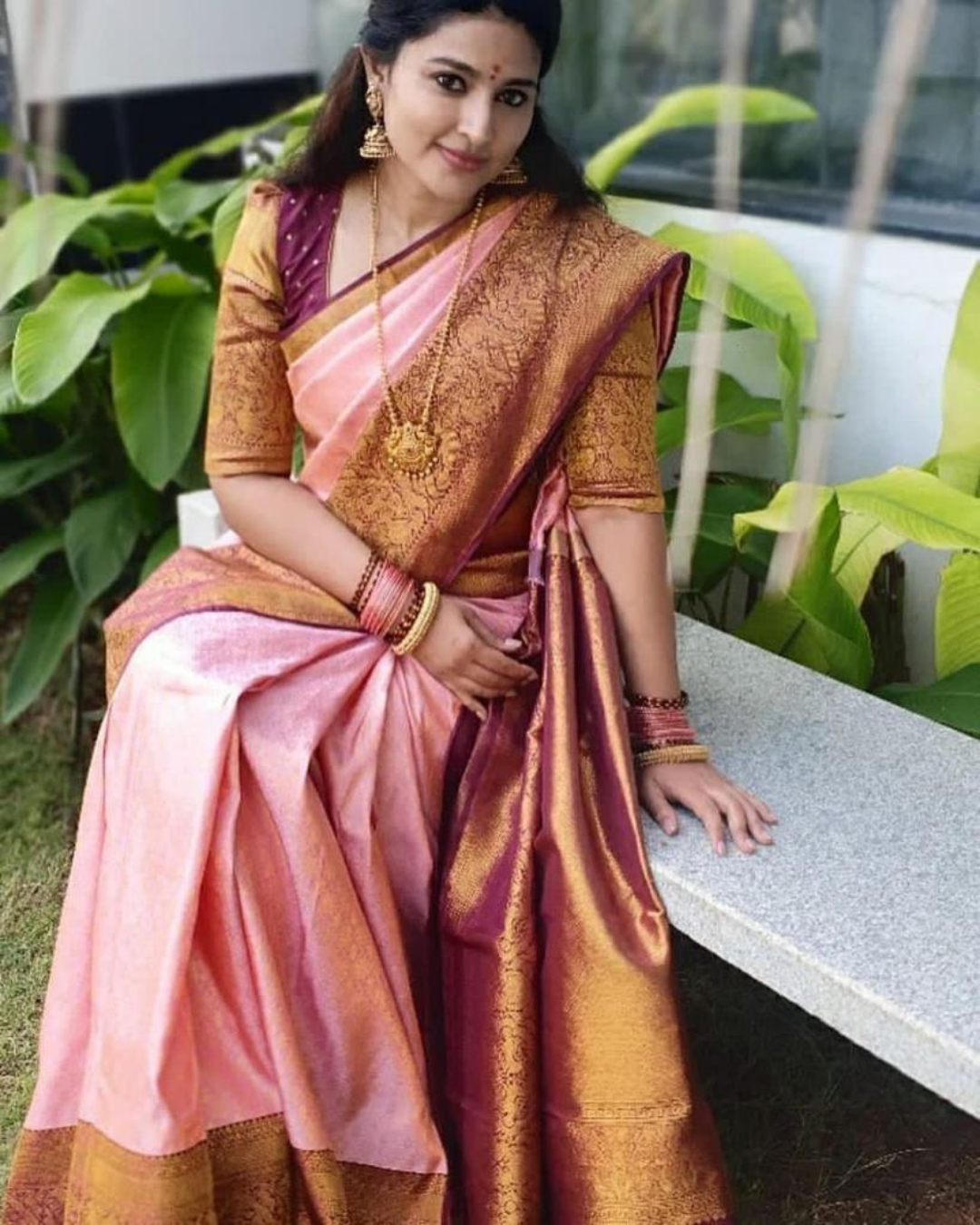 Pvitra Pink Wine Kanchi Soft Silk Saree With Attached Blouse 