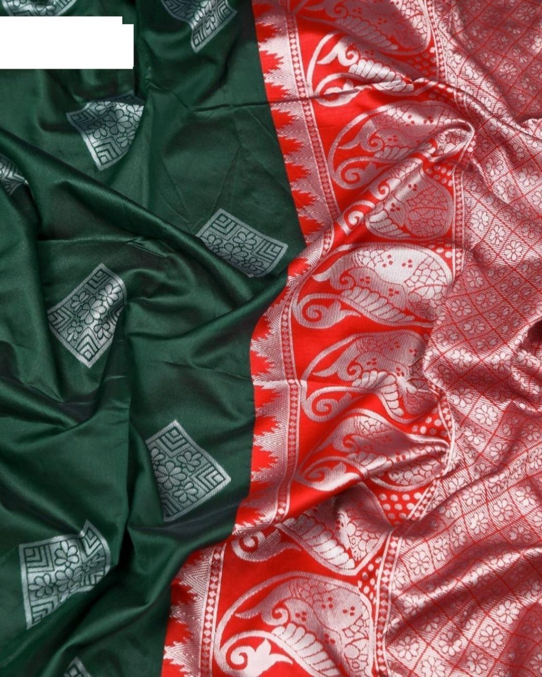 GREEN-RED SQUARE STYLE Traditional  Soft Silk Sari With Attached Blouse