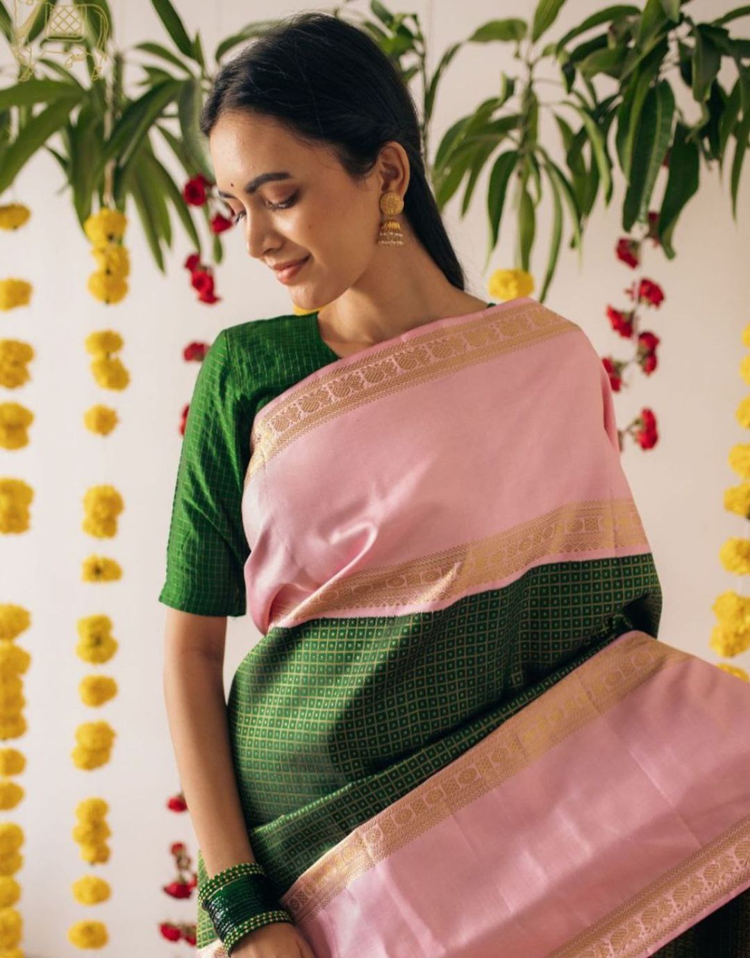 Baby Pink With Green Traditional Lichi Silk Saree With Attached Blouse