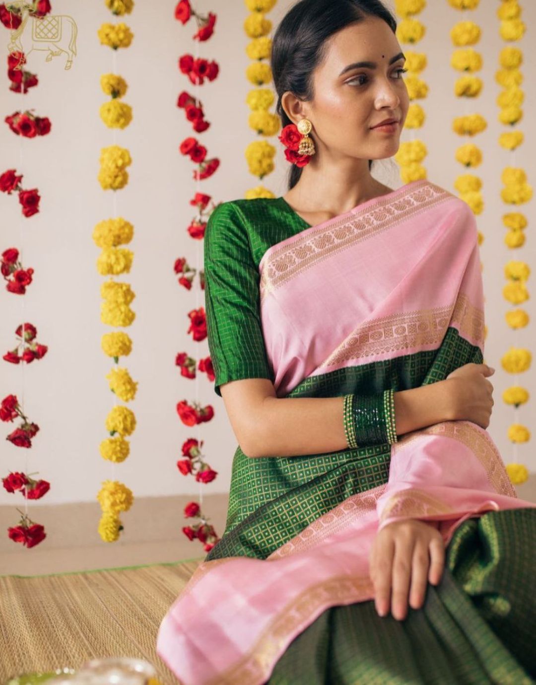 Baby Pink With Green Traditional Lichi Silk Saree With Attached Blouse