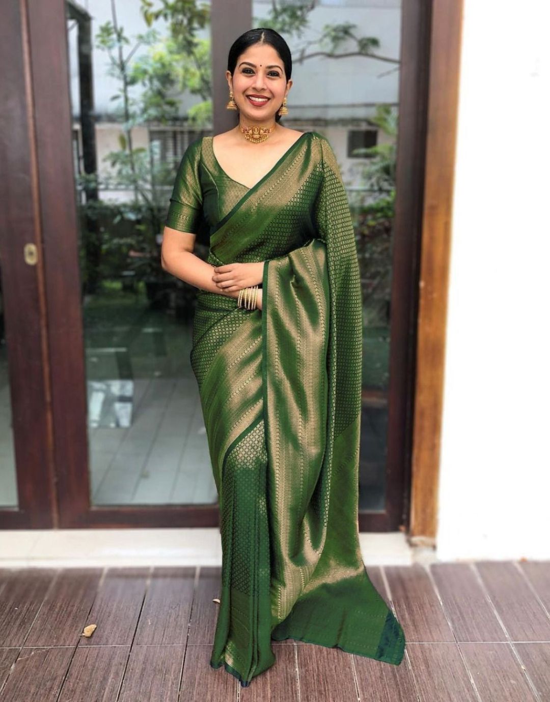 SEFALI GREEN TRADITIONAL KANCHI SOFT SILK SARI WITH ATTACHED BLOUSE