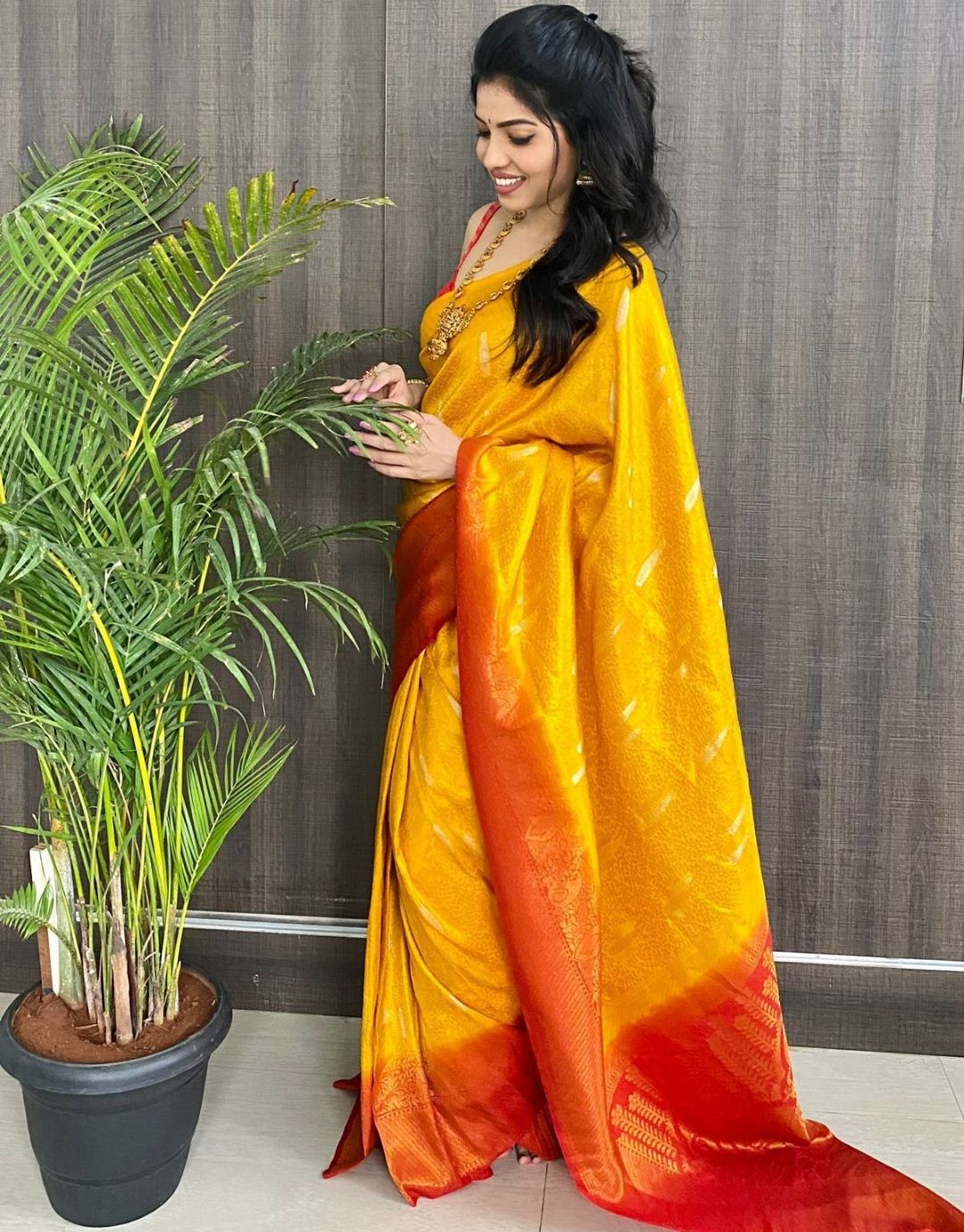 YAMUNA YELLOW TRADITIONAL KANCHI SOFT SILK SARI WITH ATTACHED BLOUSE