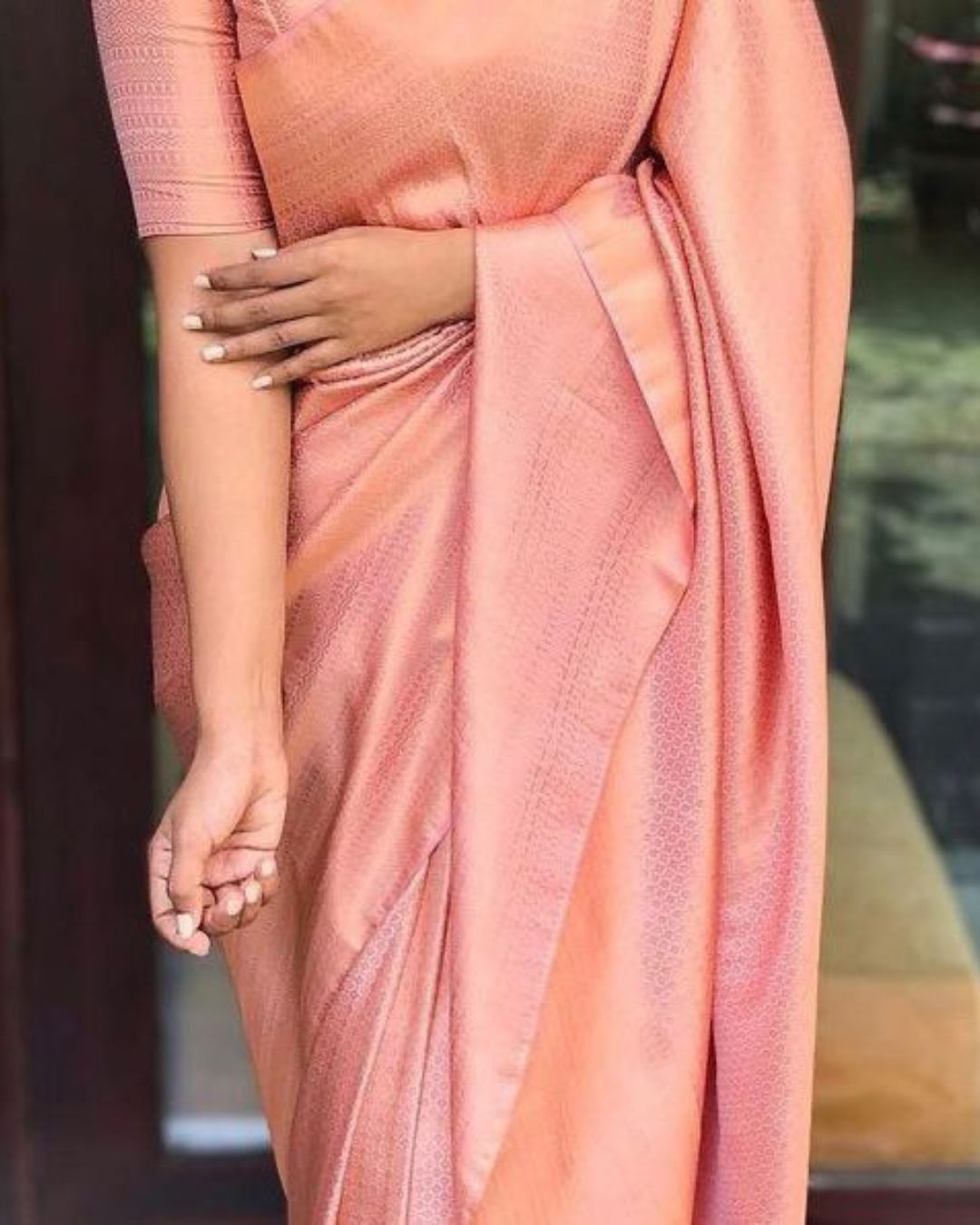 Bindu Peach Traditional Lichi Silk Saree With Attached Blouse