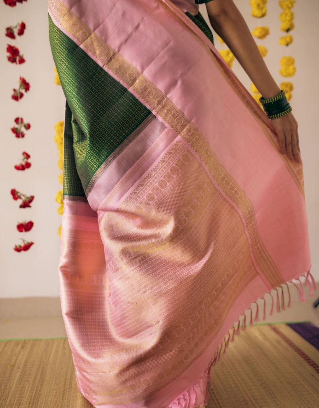 Baby Pink With Green Traditional Lichi Silk Saree With Attached Blouse