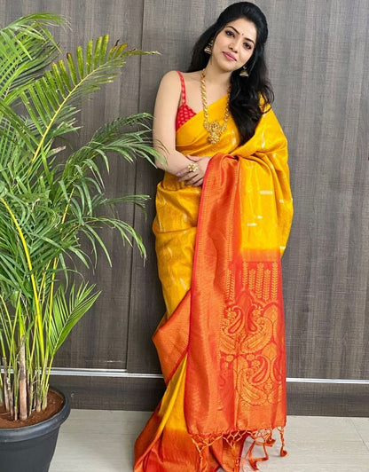 YAMUNA YELLOW TRADITIONAL KANCHI SOFT SILK SARI WITH ATTACHED BLOUSE