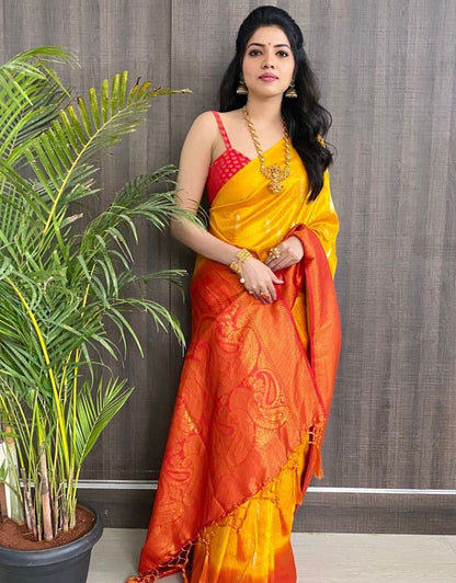 YAMUNA YELLOW TRADITIONAL KANCHI SOFT SILK SARI WITH ATTACHED BLOUSE