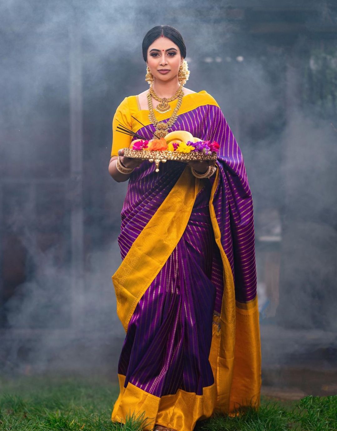 YUTI PURPLE TRADITIONAL KANCHI SOFT SILK SARI WITH ATTACHED BLOUSE