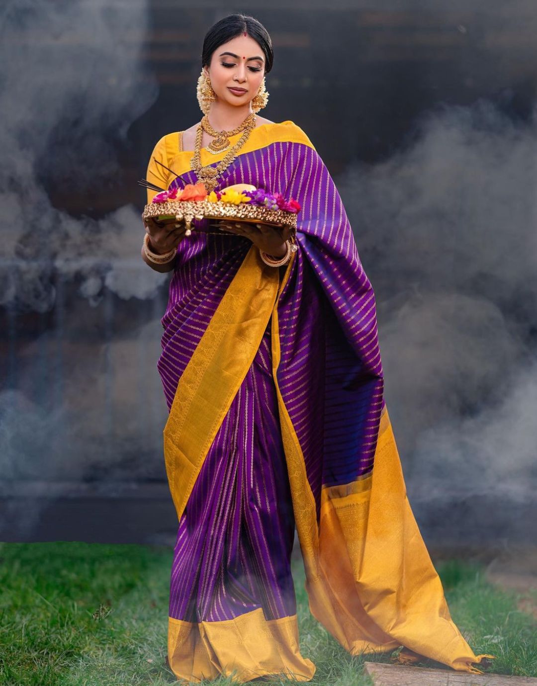 YUTI PURPLE TRADITIONAL KANCHI SOFT SILK SARI WITH ATTACHED BLOUSE