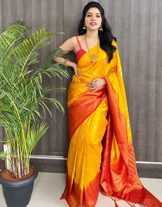 YAMUNA YELLOW TRADITIONAL KANCHI SOFT SILK SARI WITH ATTACHED BLOUSE