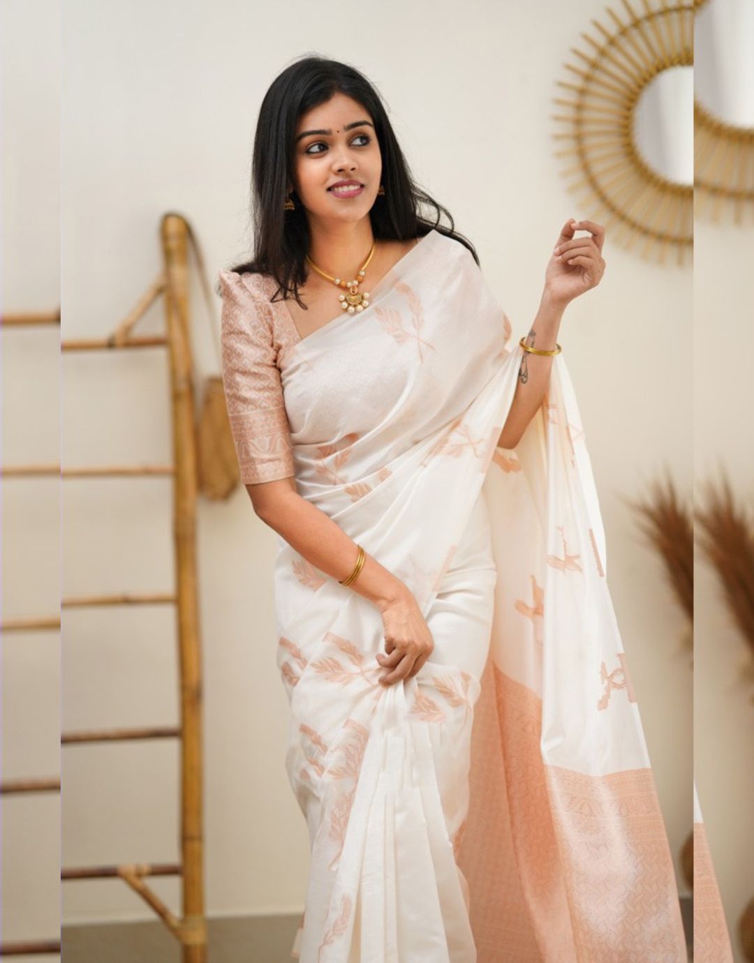 Jenika Off-White Traditional Soft Silk Saree With Attached Blouse