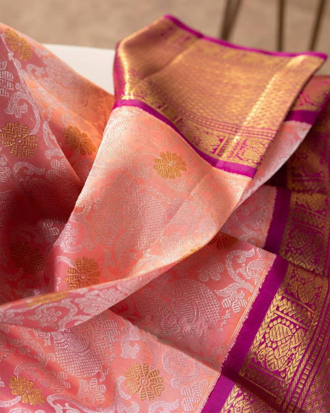 Peach Pink Traditional Kanchi Soft Silk Saree With Attached Blouse