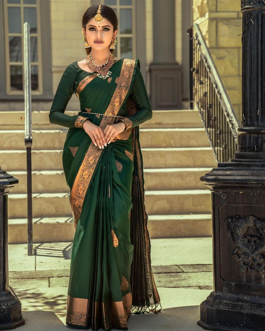 Tulsi Green Pure Soft Kanchi Silk Saree With Attached Blouse 