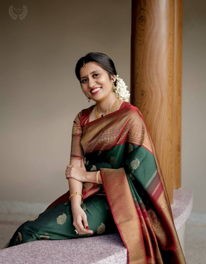 BRITISH GREEN TRADITIONAL KANCHI SOFT SILK SARI WITH ATTACHED BLOUSE