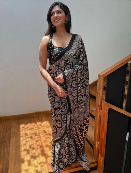 Anaya Black Ajrakh Print Soft Cotton Silk Saree With Attached Blouse