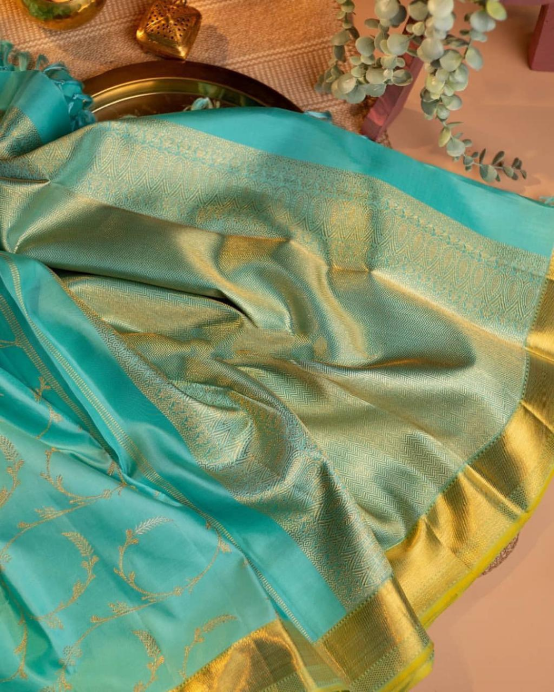 Sky Archaic Treditional Kanchi Soft Silk Saree With Attached Blouse