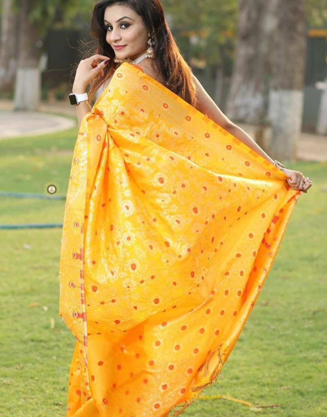 YELLOW BUTTI TRADITIONAL KANCHI SOFT SILK SARI WITH ATTACHED BLOUSE