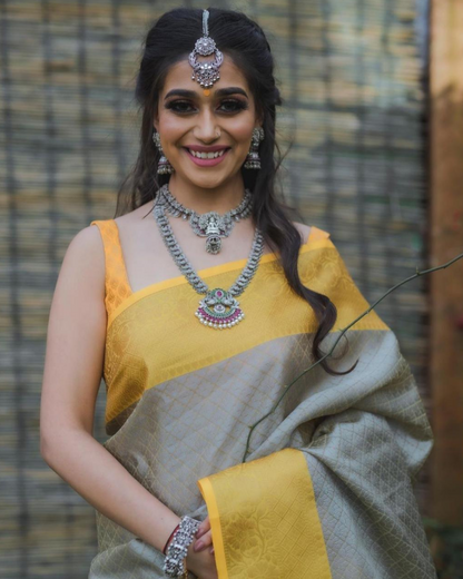 Sophia Yellow Kanchi Soft Silk Saree With Attached Blouse 