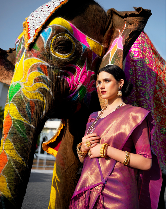 Mary Pink Traditional Pure Soft Silk Sari With Attached Blouse