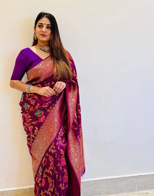 RUHINA PURPLE TRADITIONAL KANCHI SOFT SILK SARI WITH ATTACHED BLOUSE