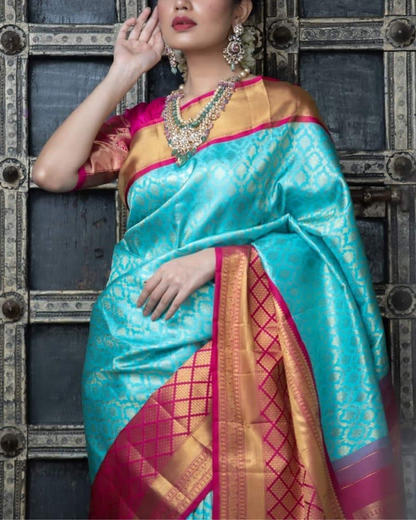 SKY-pink Combination Pure Soft leechi Silk Saree With Attached Blouse