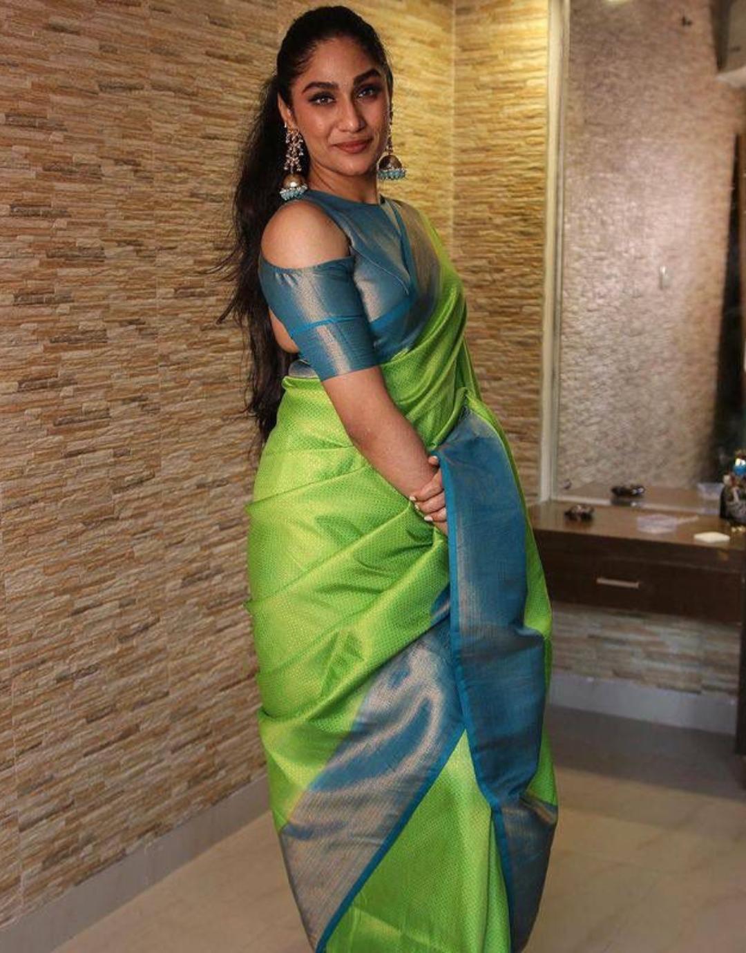 Pista sky Traditional Soft Silk Saree With Attached Blouse