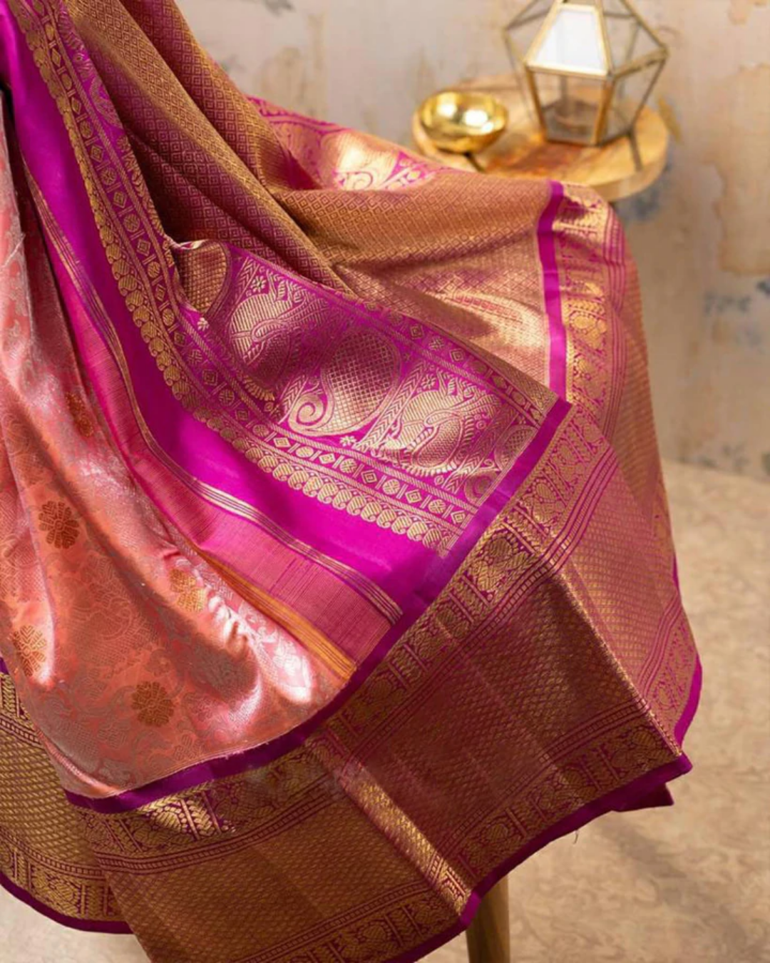 Peach Pink Traditional Kanchi Soft Silk Saree With Attached BlousePeach Pink Traditional Kanchi Soft Silk Saree With Attached Blouse