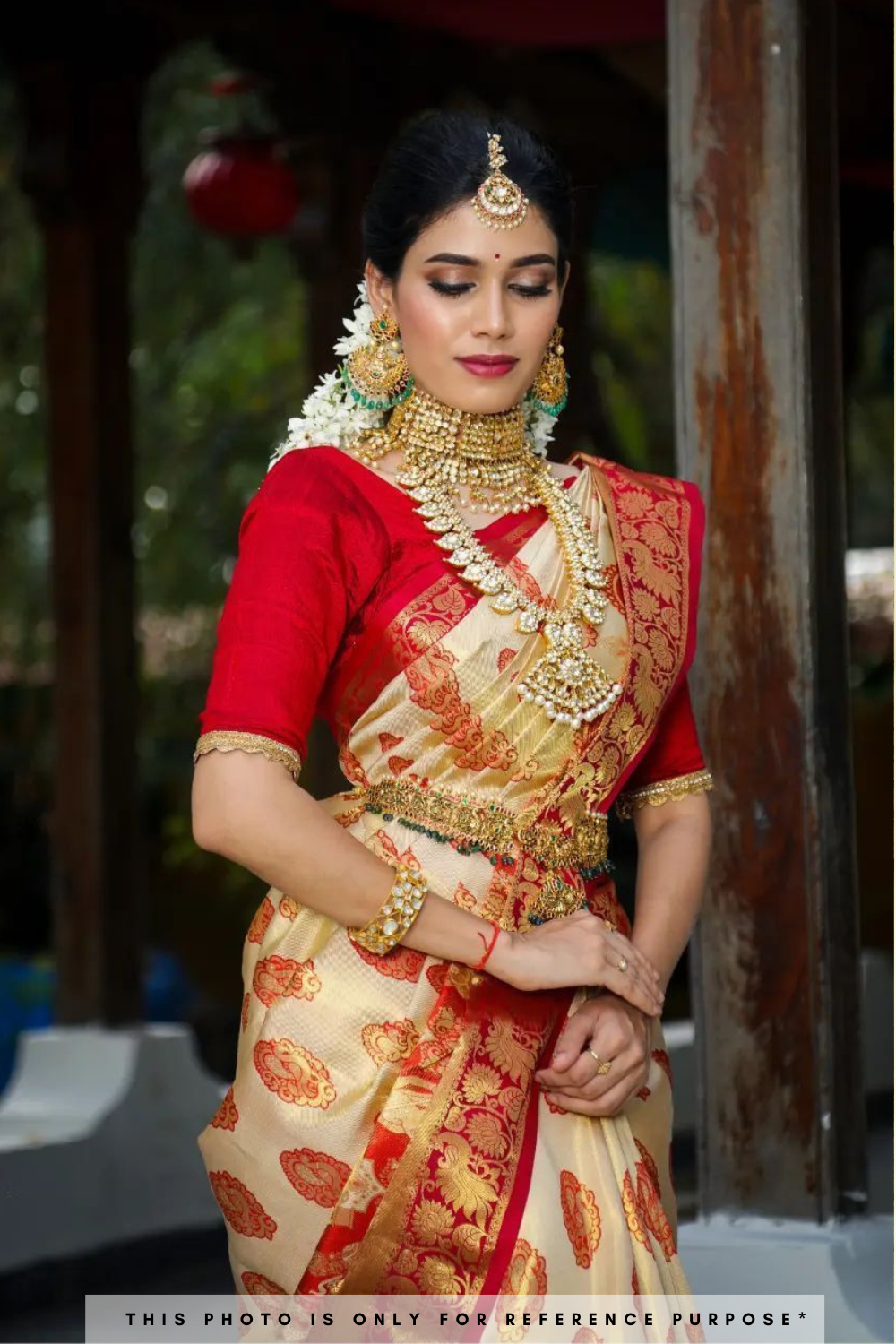 Creamy White And Red Kanchipuram Saree