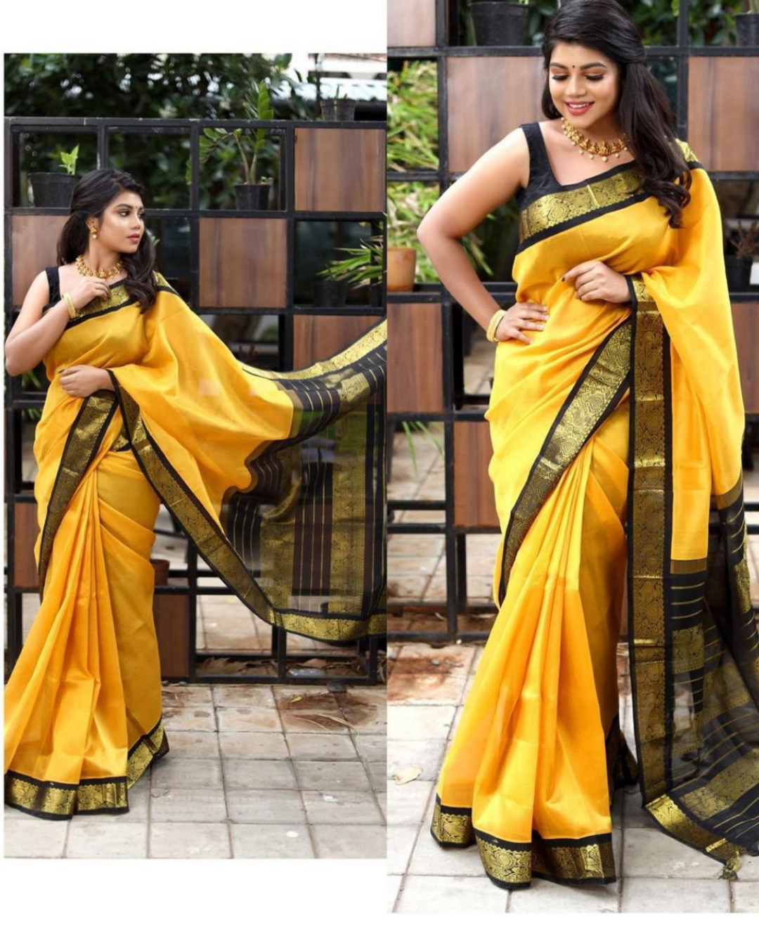 Standerd Yellow Saree On Black Patta Design With Attached Blouse