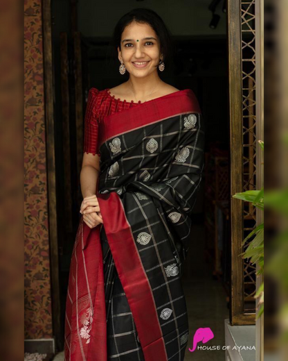 Maher Black-Red Archaic Kanchi Soft Silk Saree With Attached Blouse 