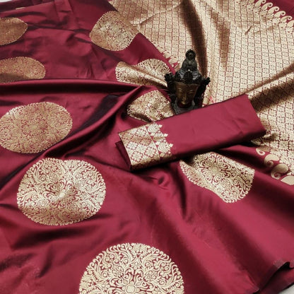 Maroon-Golden  Butta Traditional Kanchi Soft Silk Sari With Attached Blouse