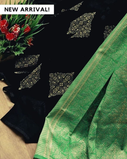 Pista-Black  Traditional Kanchi Soft Silk Sari With Attached Blouse