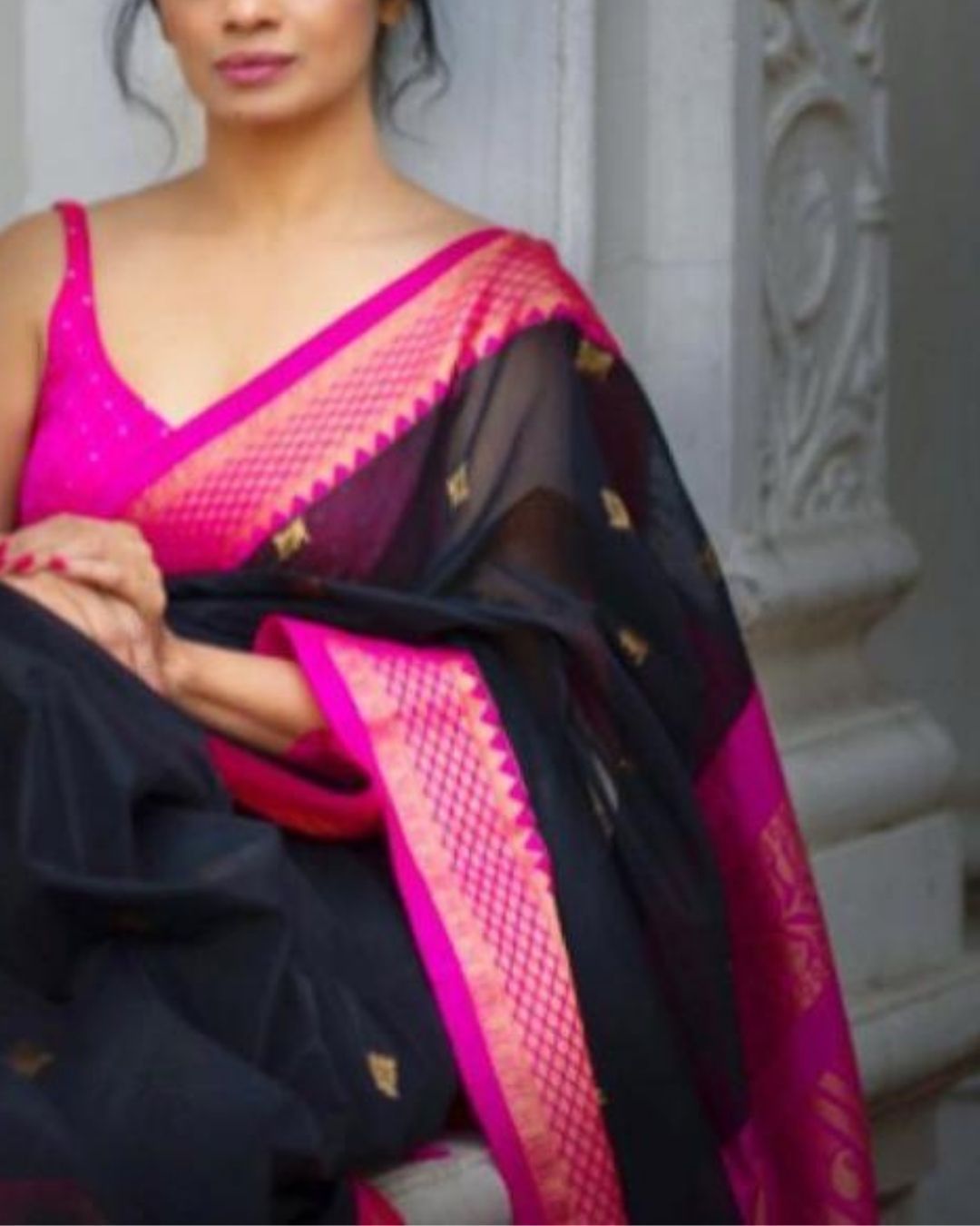 Black pink combination heavy silk saree with attached blouse