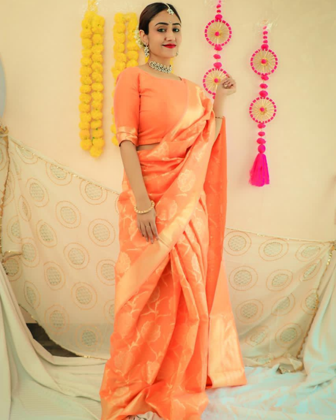  Orangenaam Stylish Festive Soft Silk Saree With Attached Blouse