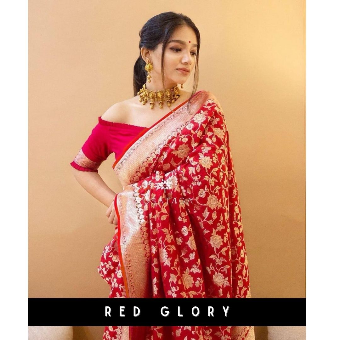 GLORY Red Traditional Silk Sari With Attached Blouse