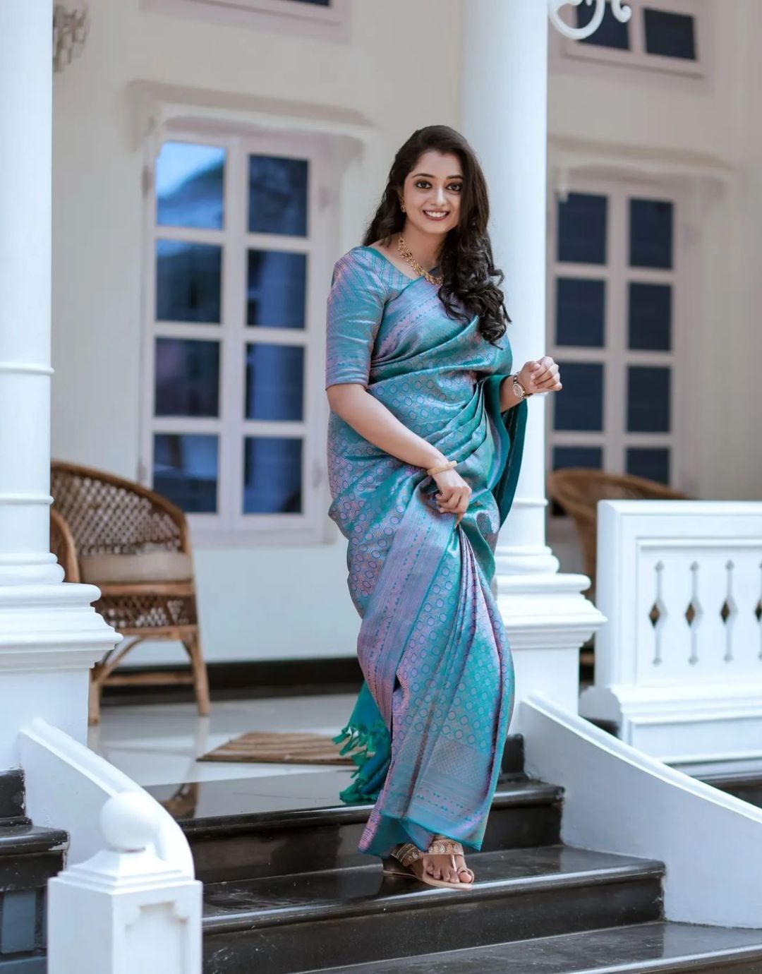 TANISHA SKY KANCHIPURAM SOFT SILK SAREE WITH ATTACHED BLOUSE