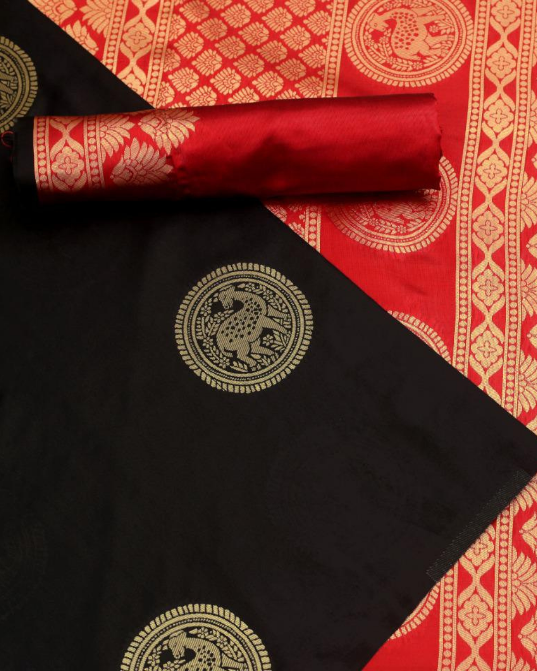 Barkha Black and Red Soft Silk Saree With Attached Blouse