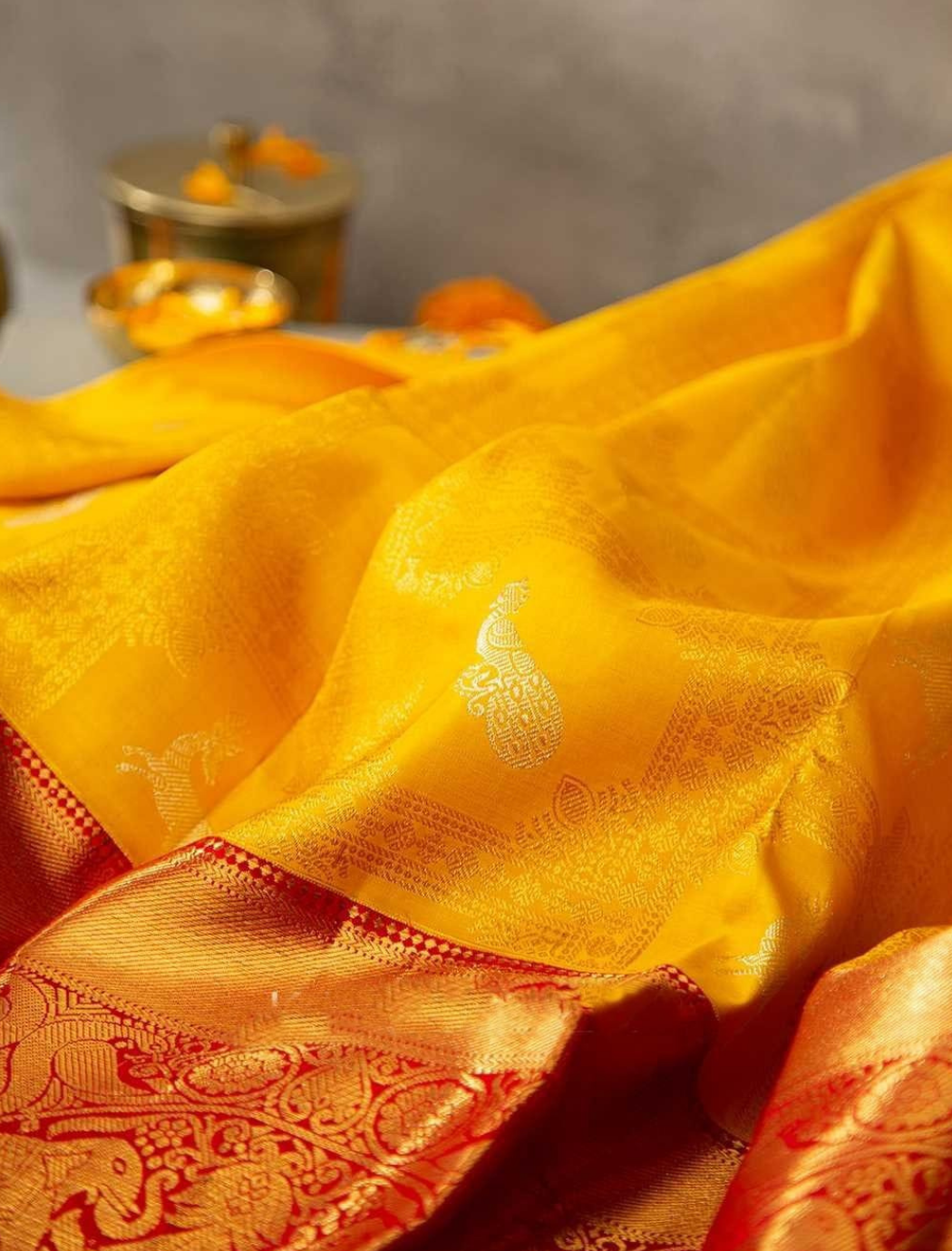 Yella-Red Soft Silk Sari With Attached Blouse Saree for Women