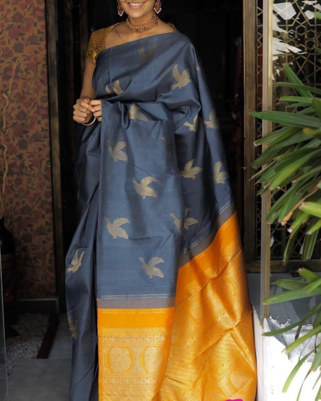 Gold bird kanchi soft silk saree with attached blouse