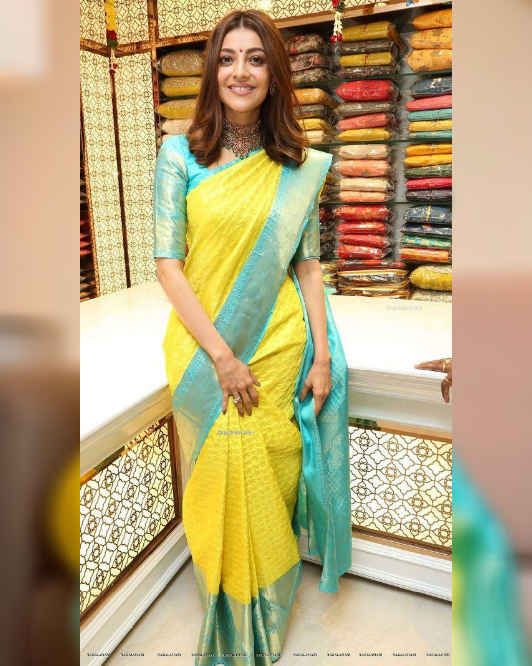 Kajal Yellow Firozi combination Stylish Saree With Attached Blouse