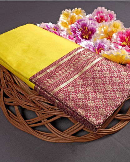 Gowari Yellow Wine Pure Soft Silk Saree With Attached Blouse 