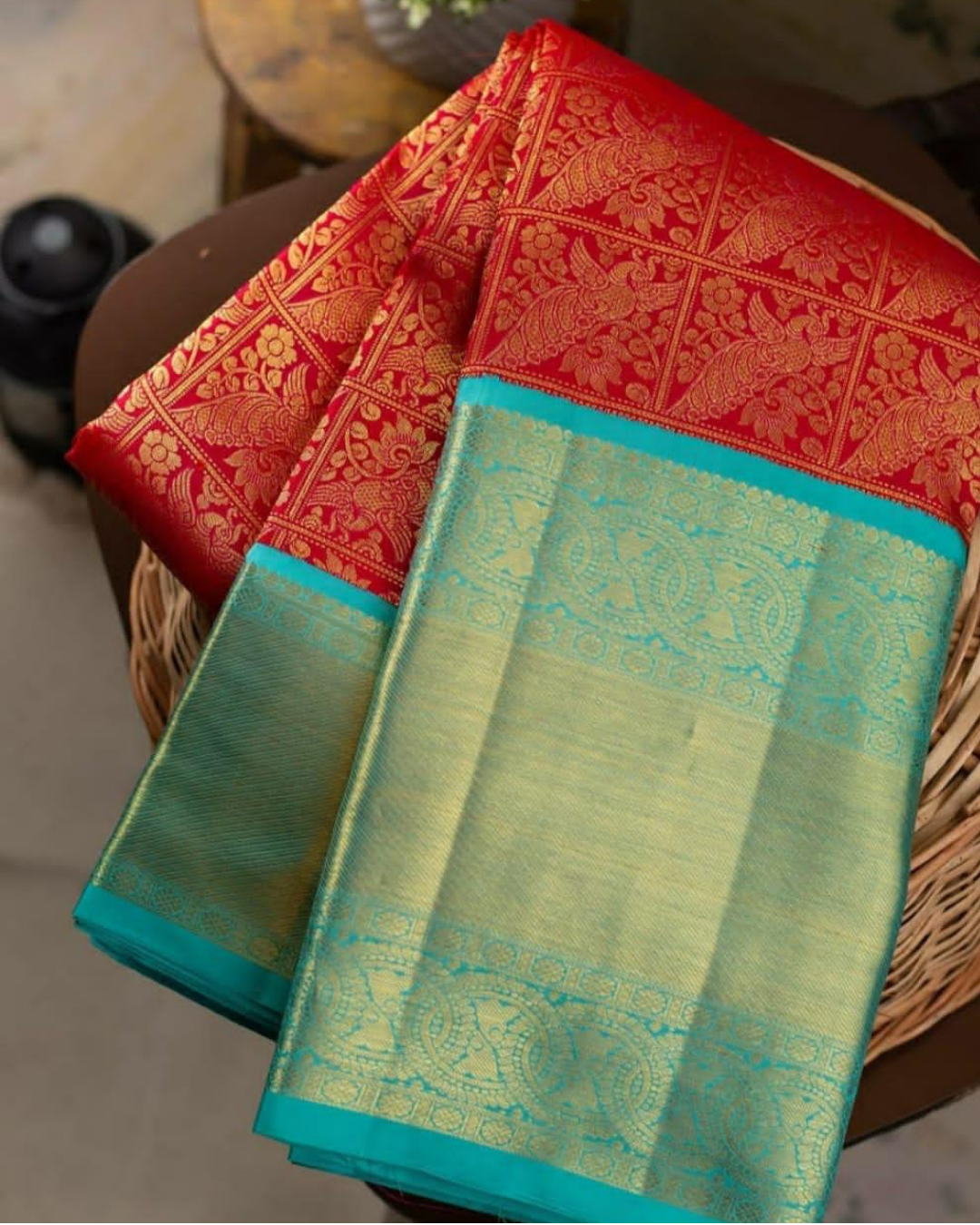 Mayura Sky-Red  Kanchi Soft Silk Saree With Attached Blouse 