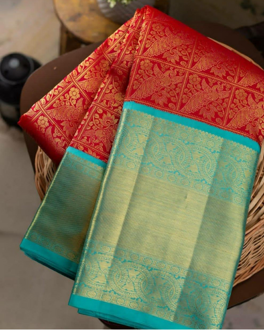 Mayura Sky-Red  Kanchi Soft Silk Saree With Attached Blouse 