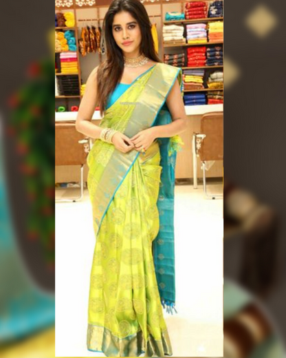 Nithya Yellow-Sky Traditional Pure Soft Silk Sari With Attached Blouse