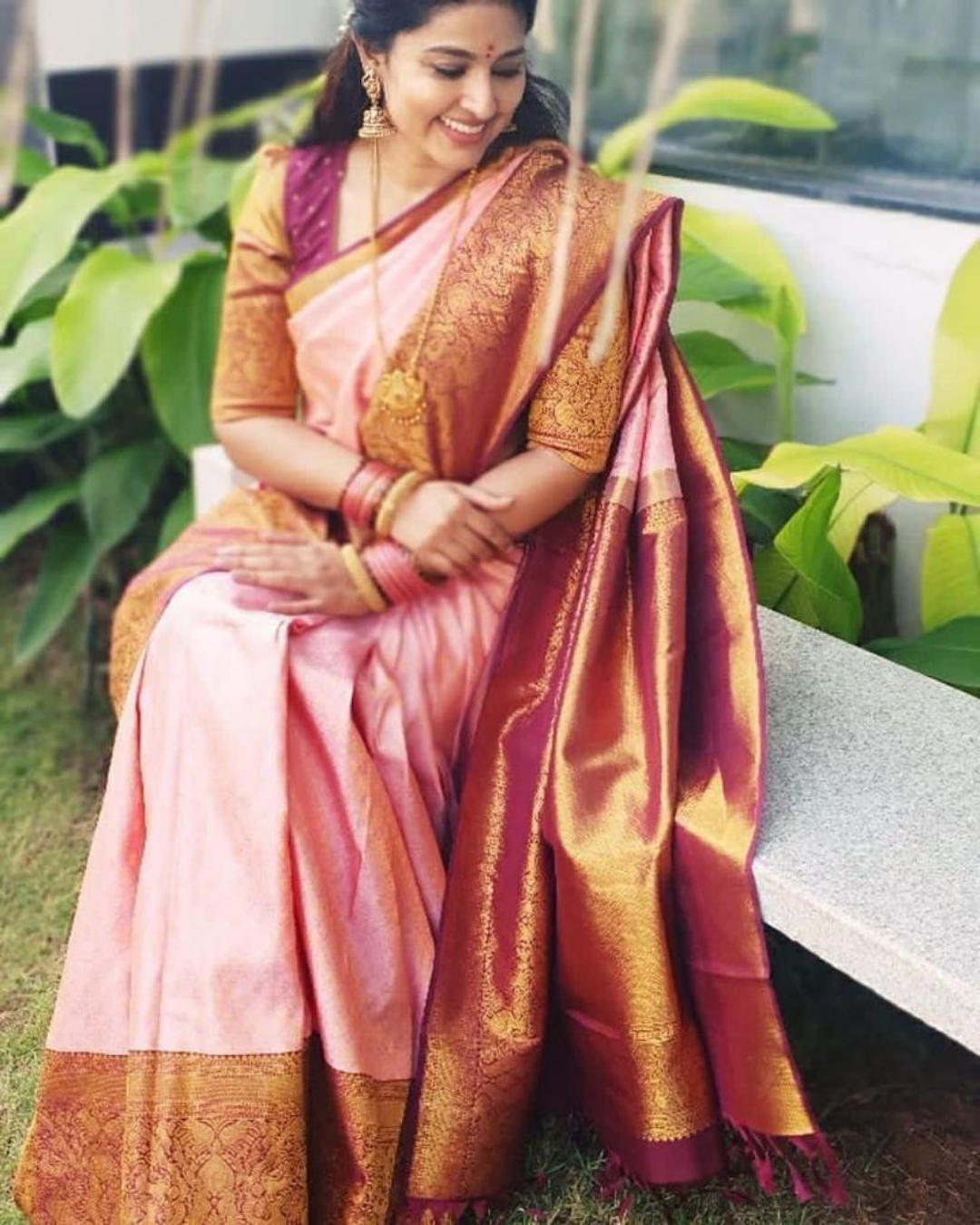 Pvitra Pink Wine Kanchi Soft Silk Saree With Attached Blouse 