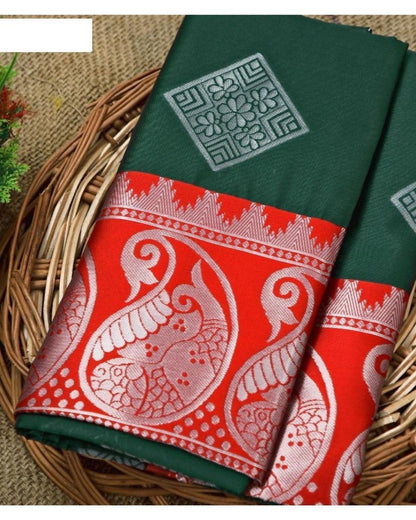 GREEN-RED SQUARE STYLE Traditional  Soft Silk Sari With Attached Blouse